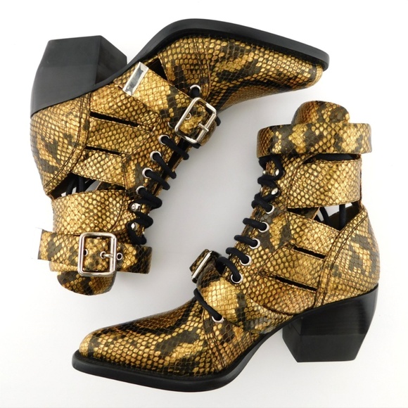 New CHLOE Metallic Gold Python Snake Caged Block Heel Buckle Strap Booties 36.5 - Picture 4 of 8